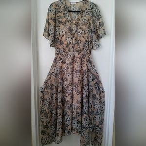 CALVIN KLEIN Women's Floral-Print Chiffon Handkerchief-Hem Midi Dress-New